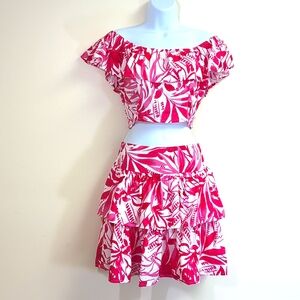 Japna Floral Pink & White Ruffle Off-Shoulder Top w/ Tiered Skirt Outfit Small